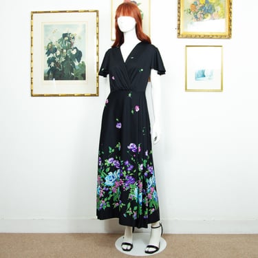 Vintage 1970s Black Maxi Summer Dress Floral Print Short Sleeves Size M UK 12 