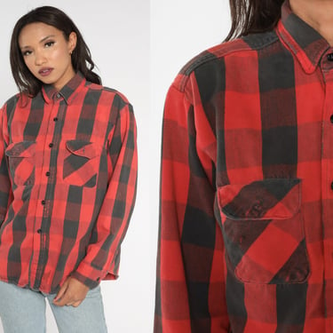 Buffalo Plaid Shirt 90s Flannel Shirt Red Checkered Button up Shirt Check Lumberjack Long Sleeve Grunge Cotton Vintage 1990s Mens Large L 