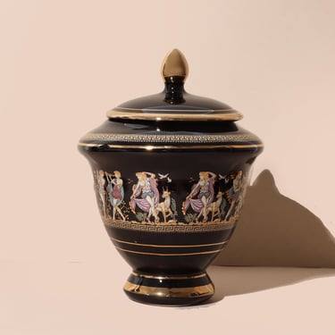 Vintage Greek Ceramic Lidded Vase with Mythological Design, Black and Gold Ceramic Container 