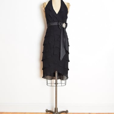 vintage Y2K dress TADASHI black silk tiered halter flapper mini cocktail party S clothing 