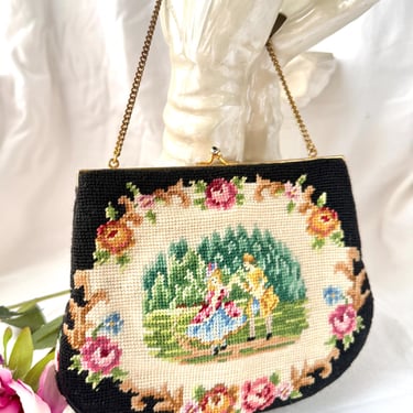 Tapestry Clutch Purse, Petit Point, Chain Handle, EXCELLENT, Needlepoint, Vintage 50s 60s 