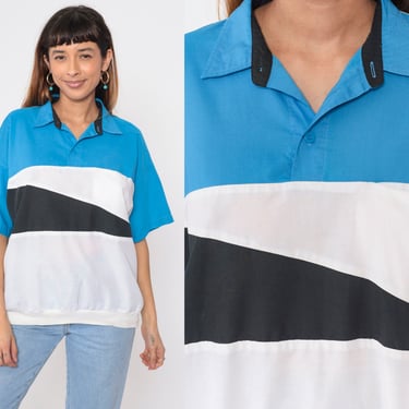 Members Only Shirt 80s 90s Striped Polo Shirt Slouch Collared Shirt Retro Short Sleeve White Black Blue Banded Hem Vintage 1980s Men's Large 