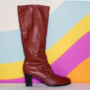 Vintage 1970s Tall Brown Leather Boots | Size 9 