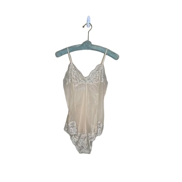 Vintage Lady Lynne Union Made Nude Shimmering Sheer Lace Lingerie Teddy Bodysuit (Size S) 