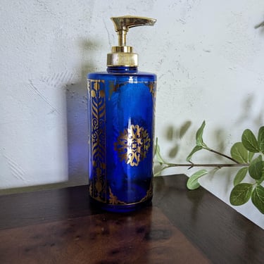 Vintage Blue Glass Gold Ornate Patterned Soap Dispenser 