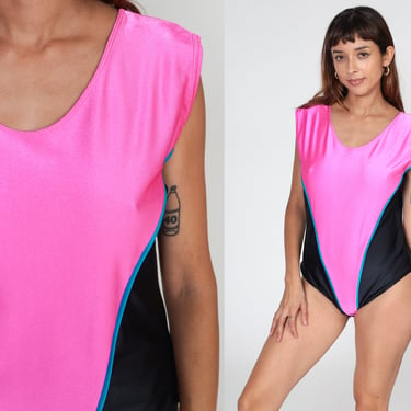 90s Leotard Neon Bodysuit Hot Pink Black Aerobics Top Body Suit Retro Work Out Jazzercise Gymnastics Cap Sleeve Vintage 1990s 2xl 2x 