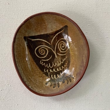 Vintage Owl Trinket Dish By Martha's Vineyard Pottery, Hand Stamped, Hand Made, Owl Lovers, Ring Dish, Change, Jewelry, Souvenir, Red Clay 