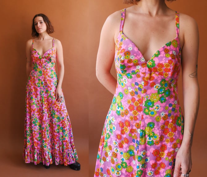 Vintage 70s Floral Maxi Dress/ 1970s Bright Colorful Criss Cross