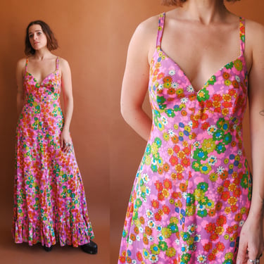 Vintage 70s Floral Maxi Dress/ 1970s Bright Colorful Criss Cross Back Halter Summer Dress/ Size Small Medium 