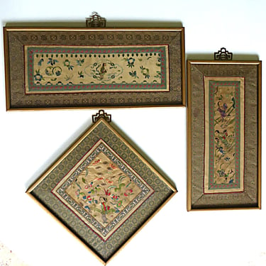 Wall Decorations – Set of 3 Framed Chinese Antique Embroideries Early 20th. Century.