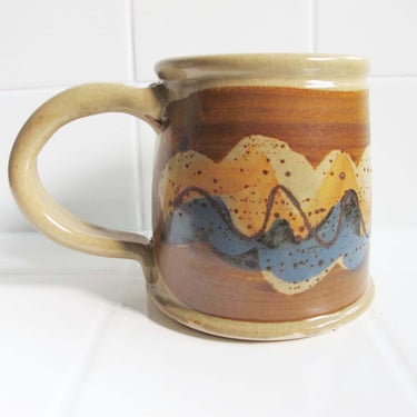Vintage 70s Studio Pottery Coffee Mug - Hand Thrown Ceramic Mug - Brown Rust Blue Earth Tone Bohemian Mug - Best Friend Gift 