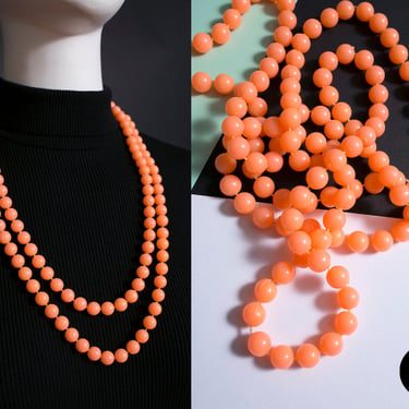 Fun Vintage 60s 70s Neon Light Orange Long Beaded Necklace 