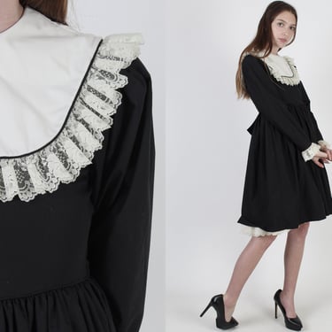 Country Cottage Uniform Dress, Black Puritan Prairie Schoolgirl Mini Dress 