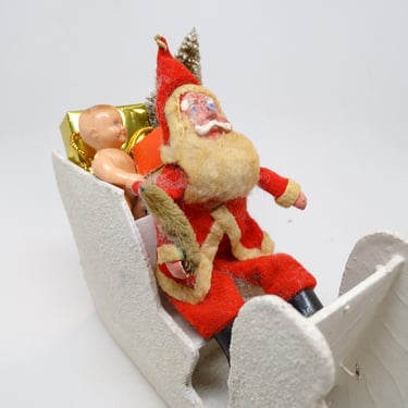 Antique 1940's Santa in German Sleigh with Sisal Christmas Tree, Doll, House,  Hand Painted Clay Face Santa, Vintage Retro Decor 