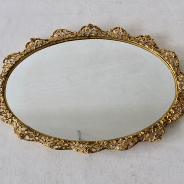 Large Gold Finish Vintage French Filigree Oval  Vanity Tray with Mirror 