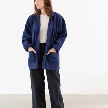 Vintage Dark Rich Blue Chore Coat | Navy Unisex Cotton Contrast Stitch Utility Work Jacket | Made in Italy | L XL | IT381 