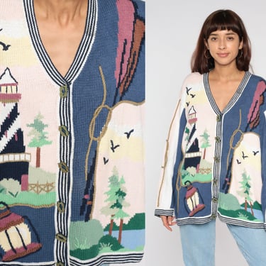 Storybook Knits Sweater 90s Nautical Cardigan Lighthouse Sailboat Beach Forest Seagull Novelty Print Knit Bohemian Vintage 1990s 3xl xxxl 