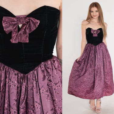 80s Party Dress Vintage Gunne Sax Dress Black Velvet Purple Floral Strapless Sweetheart Bow Keyhole Formal Prom Midi 1980s 2xs xxs 