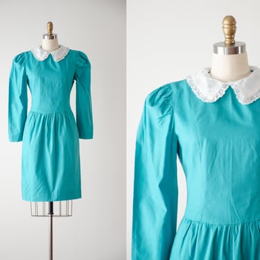 green mini dress | 80s 90s vintage teal green lace collar cottagecore puff sleeve cotton dress 