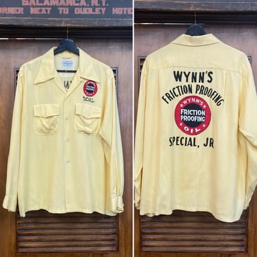 Vintage 1950’s Size L “Wynn’s Friction Proofing” NHRA Hot Rod Bowling Shirt, 50’s Club Shirt, Vintage Clothing 