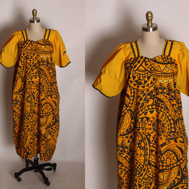 1970s 1980s Orange Yellow and Brown Geometric Abstract Hawaiian Print Short Sleeve Hawaiian Muu Muu Dress -2XL 