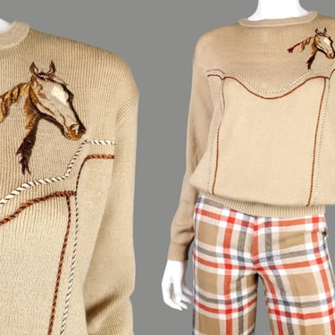 1970s western horse sweater. Embroidered horsehead & twine. Earthtones beige browns equestrian cute animal. (M/L) 