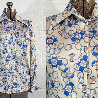 Vintage Ivory Geometric Shirt Devon Psychedelic Blue Floral Top Long Sleeve Shirt Blouse Mod Minx TV Movie Costume Medium 1970s 