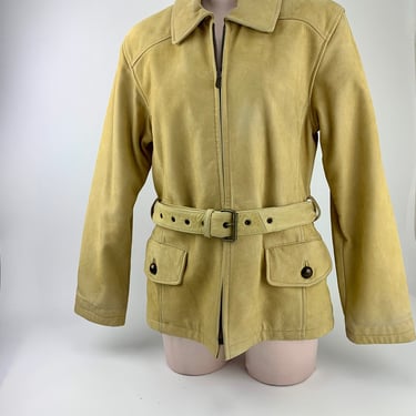 1980's Buckskin Jacket - GEORGETOWN LEATHER DESIGN - Satin Lined - Belted - 2 Low Buttondown Pockets - Women's Size Medium 