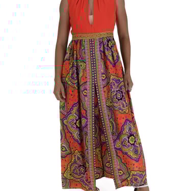 1970S Orange Psychedelic Paisley Print Dress With Keyhole Neck And Gold Braided Embellishment 