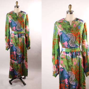 1960s Green, Pink, Black and White Abstract Long Sleeve Full Length Psychedelic Dress -XL 