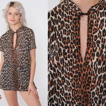 Leopard Print Top 70s Keyhole Blouse Cheetah Animal Print Shirt Short Sleeve Cutout Boho Party Mandarin Collar Vintage 1970s Medium Large 