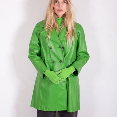 1960s Handmade Chartreuse Faux Leather Coat with Silver Buttons sz S M L Pea Coat Trench Lime Slime Green 