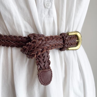 brown braided leather belt 90s vintage woven leather belt 