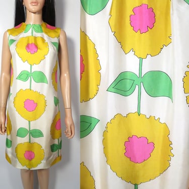 Vintage 60s Silk Flower Power Poppy Print Shift Dress Size S 