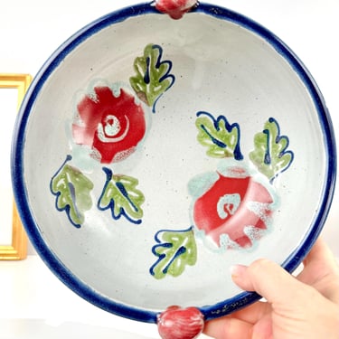 Studio Pottery Serving Bowl Paella Salad Seafood Scallop Seashell Handle Vintage 90s Housewarming Gift, Mediterranean Table Rustic Kitchen 