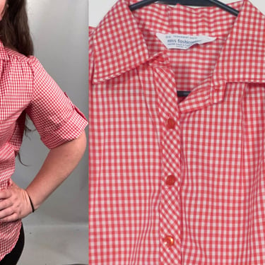Vintage 70s Plus Size Gingham Picnic Blouse Made In USA Size 15-16 XL 