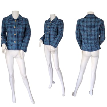 Marshall Fields 1960's Blue Pink Nubby Wool Plaid Boxy Short Jacket I Suit Coat I Blazer I Sz Med I David Ow 