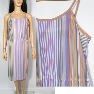 Vintage 70s Lightweight Semi Sheer Vertical Stripe Muted Pastel Spaghetti Strap Dress Size M/L 
