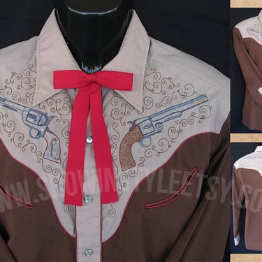 Kennington Rocking K Western Vintage Men's Cowboy & Rodeo Shirt, Embroidered Rifle and Pistols, Tag Size Large (see meas. photo) 
