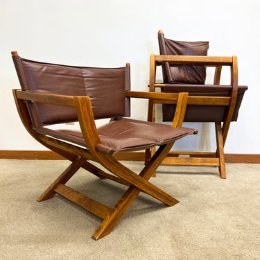 Danish modern (2) Westnofa folding leather directors lounge chair pair mid century 