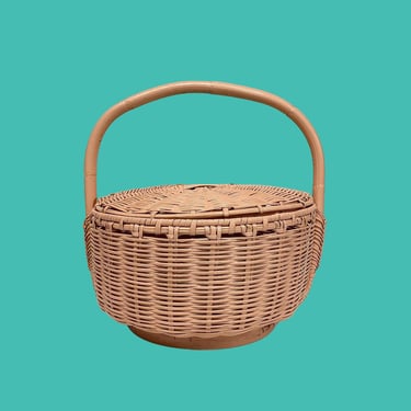 Vintage Picnic Basket Retro 1980s Farmhouse + Pink + Woven Wicker + Round Shape + Wood Arch Top Hand + Outdoor Eating + Kitchen Storage 