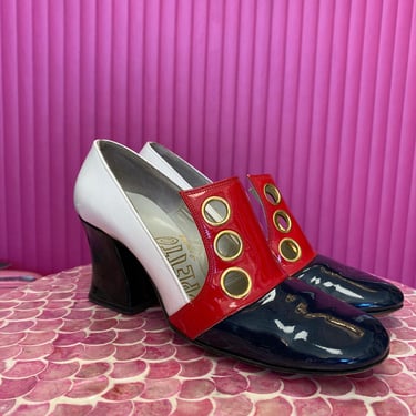 vintage 1960s patent leather pilgrim shoes, red white black, geppetto, size 6 n 