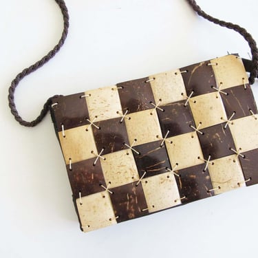 Vintage Checkerboard Mini Crossbody Purse - Natural Tan Brown Coconut Wood Small Minimalist Evening Bag 