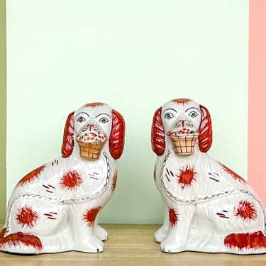 Pair of Flower Basket Staffordshire Dogs