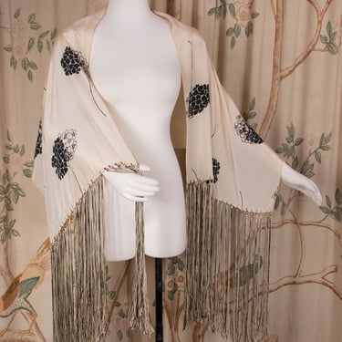 1930s Scarf - Extra Long Printed Silk Scarf with Hydrangea Floral in Black and Cream with Long Tassled Fringe 