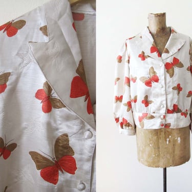 Vintage 70s Satin Butterfly Print Blouse S M - 1970s Insect Moth Novelty Print Button Up Long Sleeve Shirt 