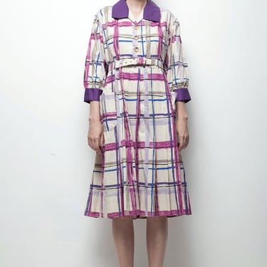 70s oversized vintage artist pocket shirt dress purple abstract plaid EXTRA LARGE XL 