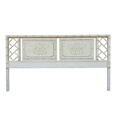 Chinese Chippendale King Headboard by Dixie Aloha - Vintage Faux Bamboo Fretwork Creamy White Hollywood Regency Palm Beach Bedroom 