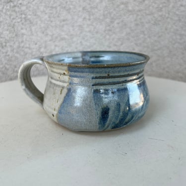 Vintage bohemian studio pottery art large soup mug cup blues signed 