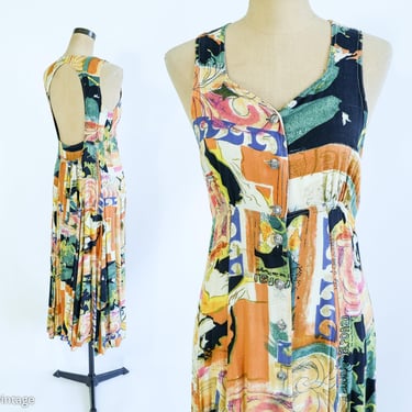 1980s Colorful Print Backless Dress | 80s  Abstract Sundress | Fiori | Medium 